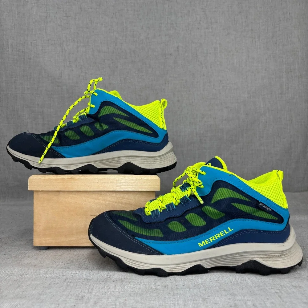 Merrell Kids Moab Speed Mid Waterproof Hiking Shoes Blue Neon Yellow Size 4